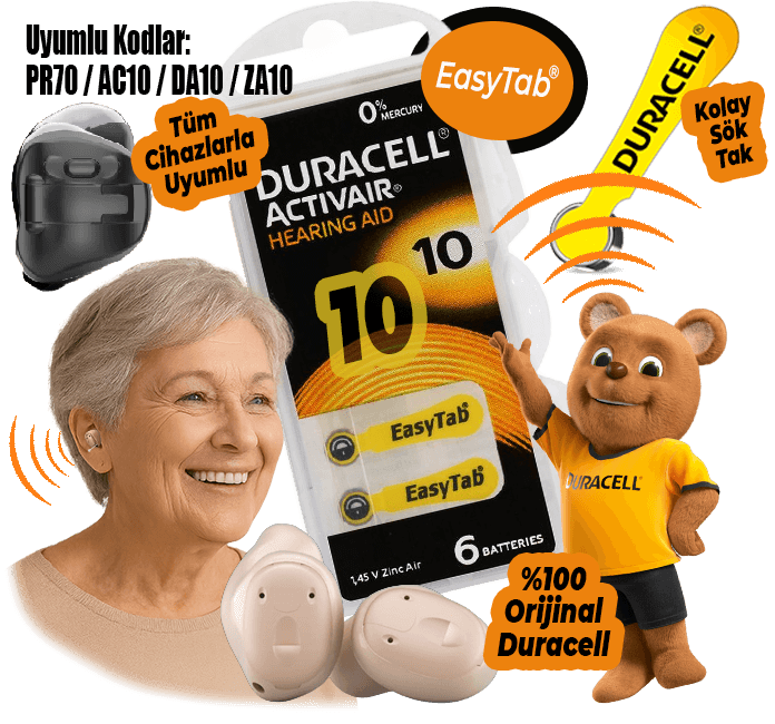 Duracell Activair 10 numara (sarı) işitme cihazı pili, 6’lı blister — Uyumlu kodlar: PR70, A10 (AC10), DA10, ZA10