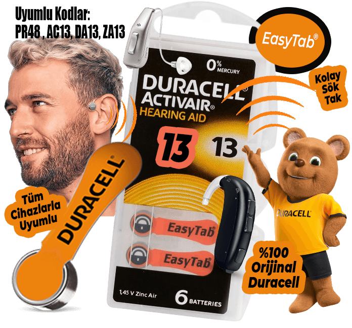 Duracell Activair 13 numara (turuncu) işitme cihazı pili, 6’lı blister — Uyumlu kodlar: PR48, A13 (AC13), DA13, ZA13