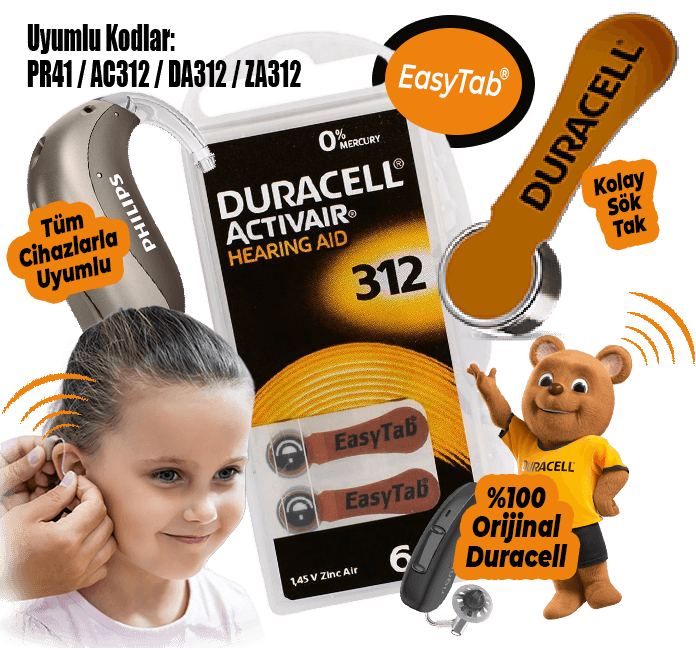 Duracell Activair 312 numara (kahverengi) işitme cihazı pili, 6’lı blister — Uyumlu kodlar: PR41, A312 (AC312), DA312, ZA312