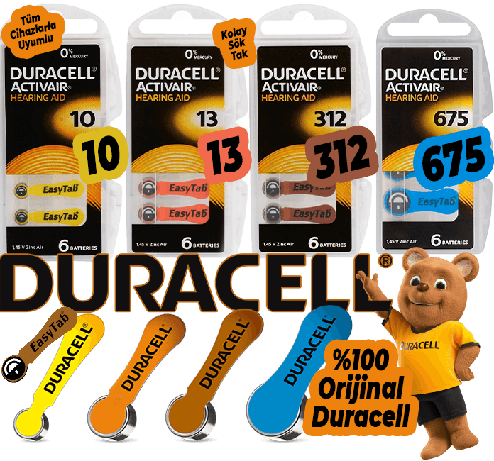 Duracell Activair 10, 13, 312 ve 675 işitme cihazı pilleri blister paketleri